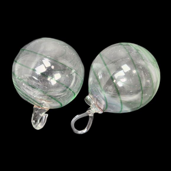 Handblown Clear Art Glass Ornaments Green Swirl Set of 2 Applied Loop Tops 2.5" - Picture 1 of 7